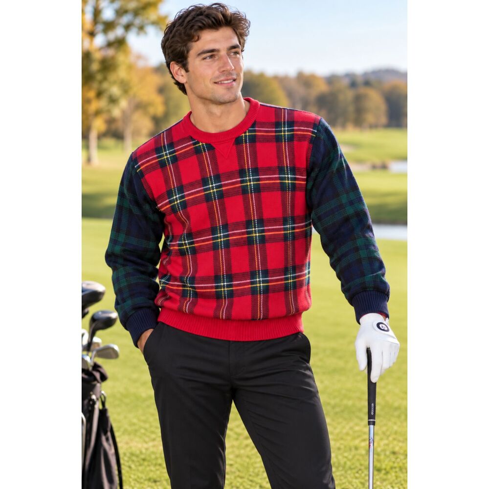 Vintage Mark Alexander Pullover Sweater Men’s LARGE Red Plaid 100% Cotton Preppy